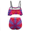 Ruffled top bikini swimsuit back view in vibrant pattern, high-waisted design, perfect for ladies.