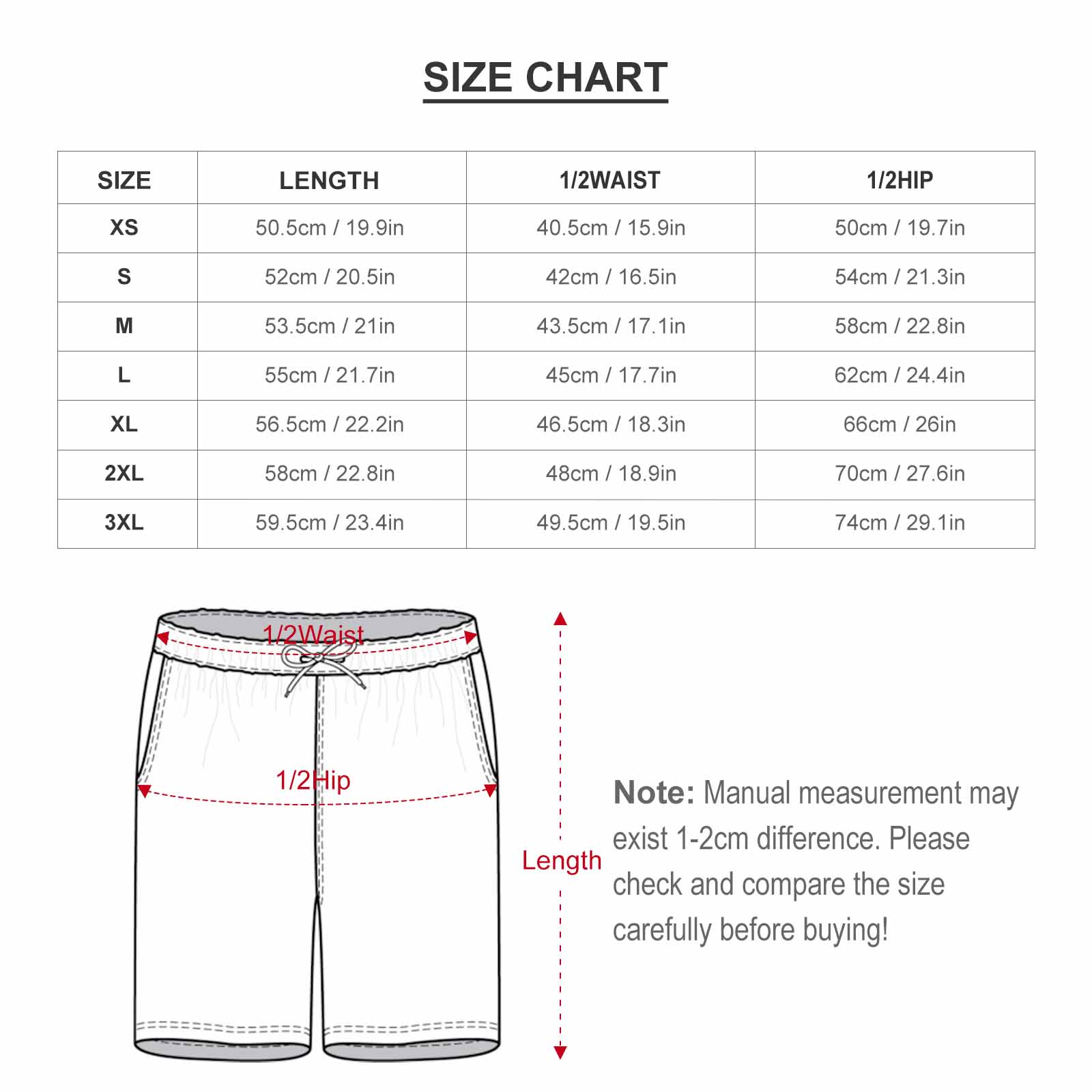 Men's Leisure Beach Suit size chart with length, bust, and waist measurements.