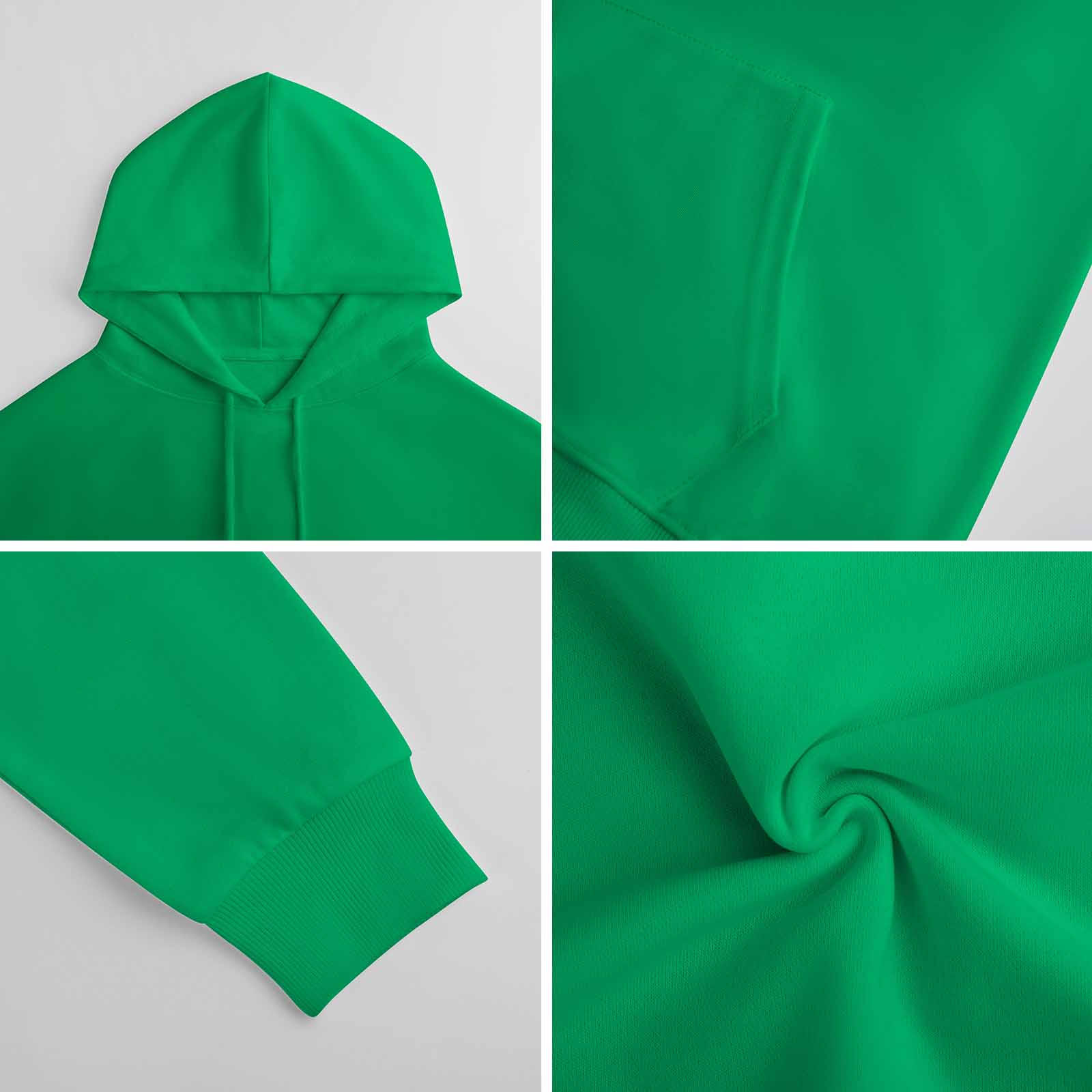 Green pure cotton hooded sweater fabric detail, breathable and comfortable, youth fashion.