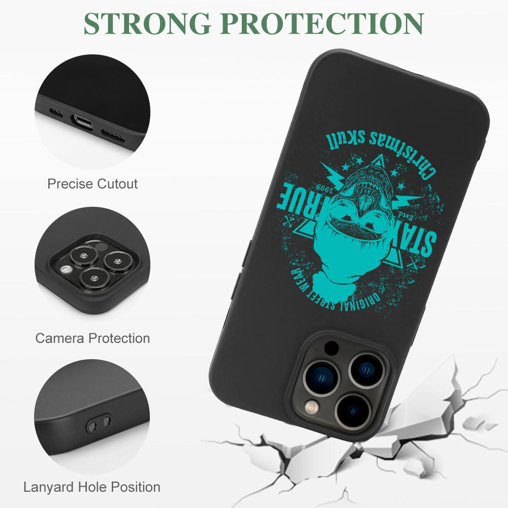 iPhone 13 case strong protection, black TPU with glow-in-the-dark design, wireless charging compatible.