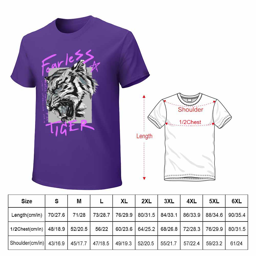Purple cotton men's Fearless Tiger T-shirt with size chart, collection