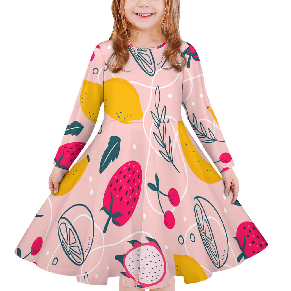 Girls' pink long sleeve dress with fruit pattern. Made of soft polyester-spandex blend.