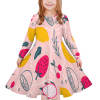 Girls' pink long sleeve dress with fruit pattern. Made of soft polyester-spandex blend.