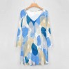 Oversized V-neck dress with abstract blue and beige pattern, made of soft polyester and spandex blend