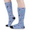Women's colorblock socks in blue with dancing figures pattern, black toe and heel, suitable for various activities.