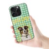 iPhone 15 case with dog graphic and "DOG DAY" text on a green gingham pattern, Glass + TPU protection