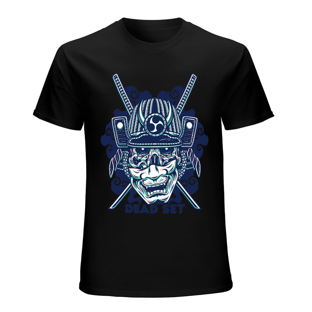 Black cotton men's T-shirt with blue samurai skull design.