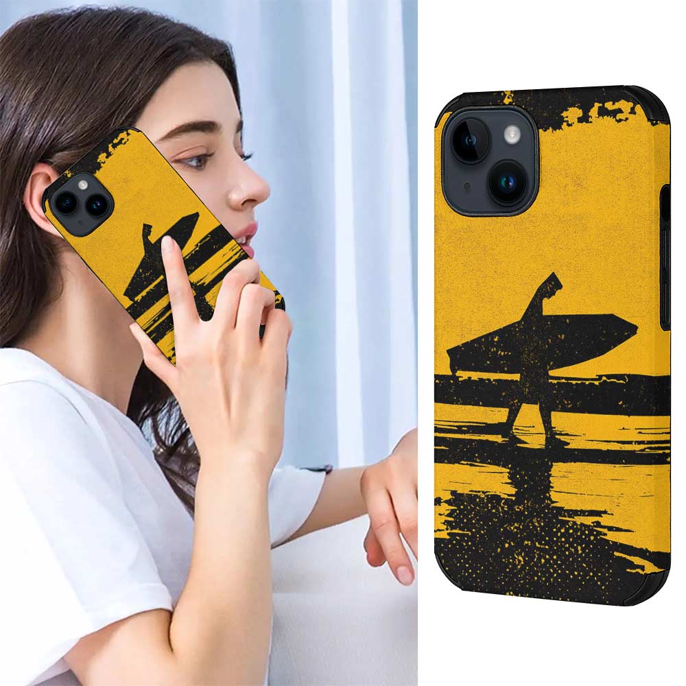 iPhone 14 fiber skin case with surfer silhouette and yellow sunset background, scratch-resistant