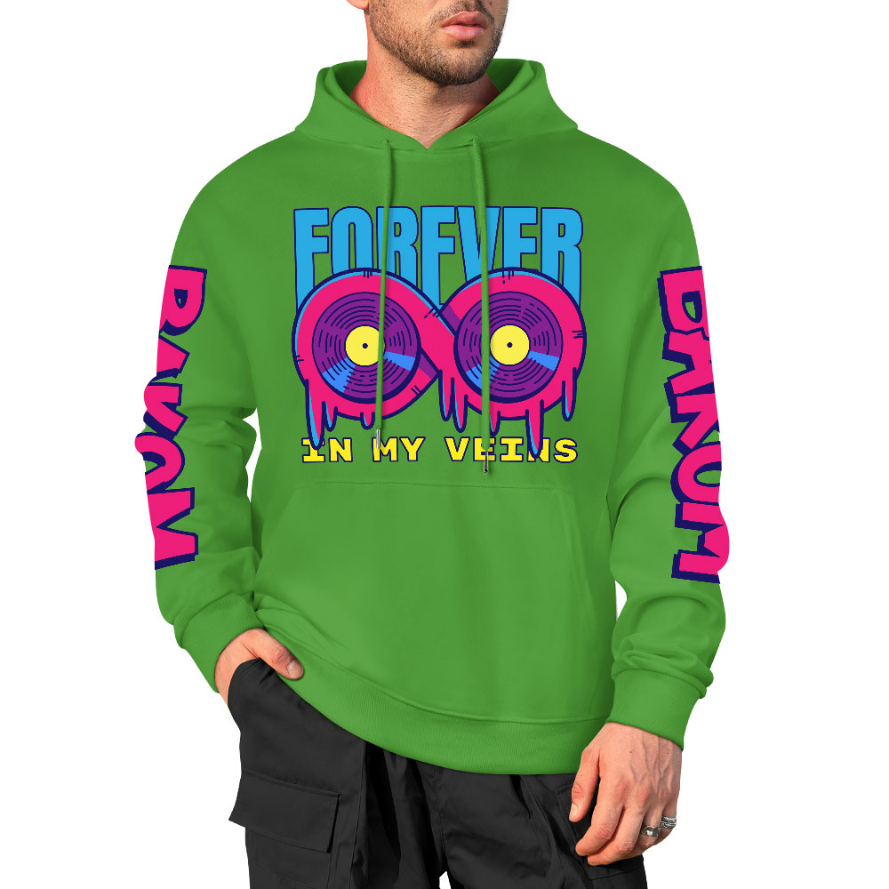 Green cotton hooded sweater with 'FOREVER 99' and donut graphic, youth fashion style