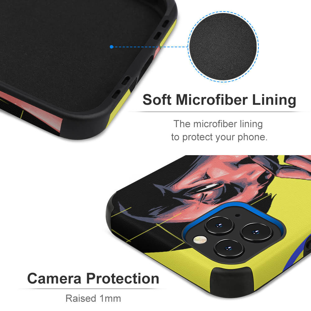 Microfiber iPhone 12 Case with soft microfiber lining and camera protection, yellow and black design