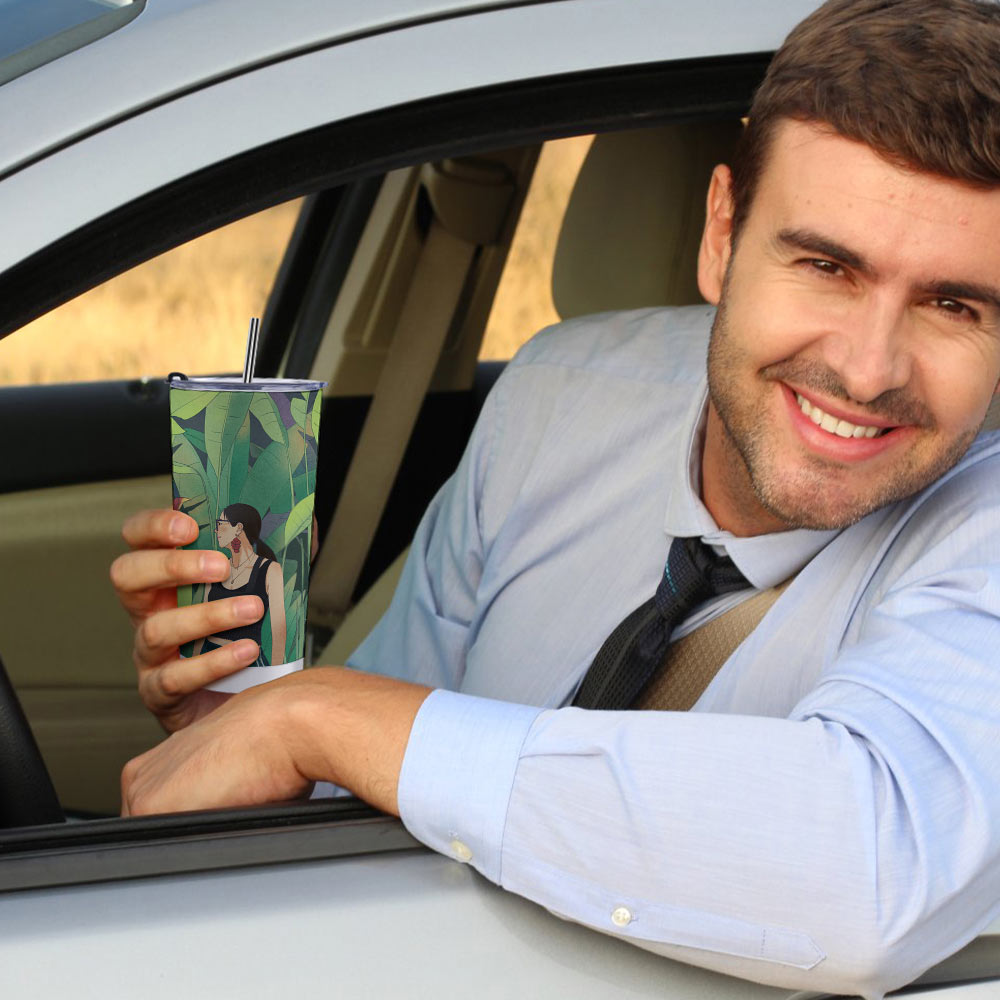 Man in car with 20 oz stainless steel travel coffee mug, perfect for car and outdoor use.