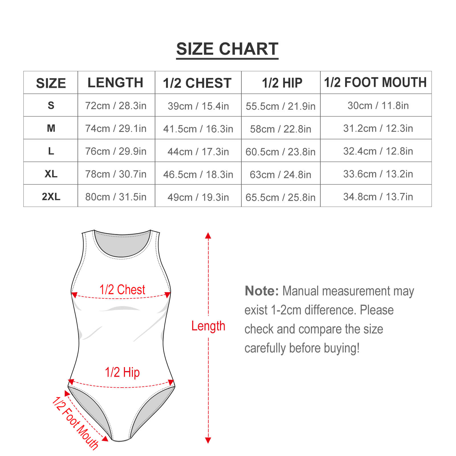Sleeveless vest jumpsuit size chart with measurements for bust, hip, and length in cm and inches.