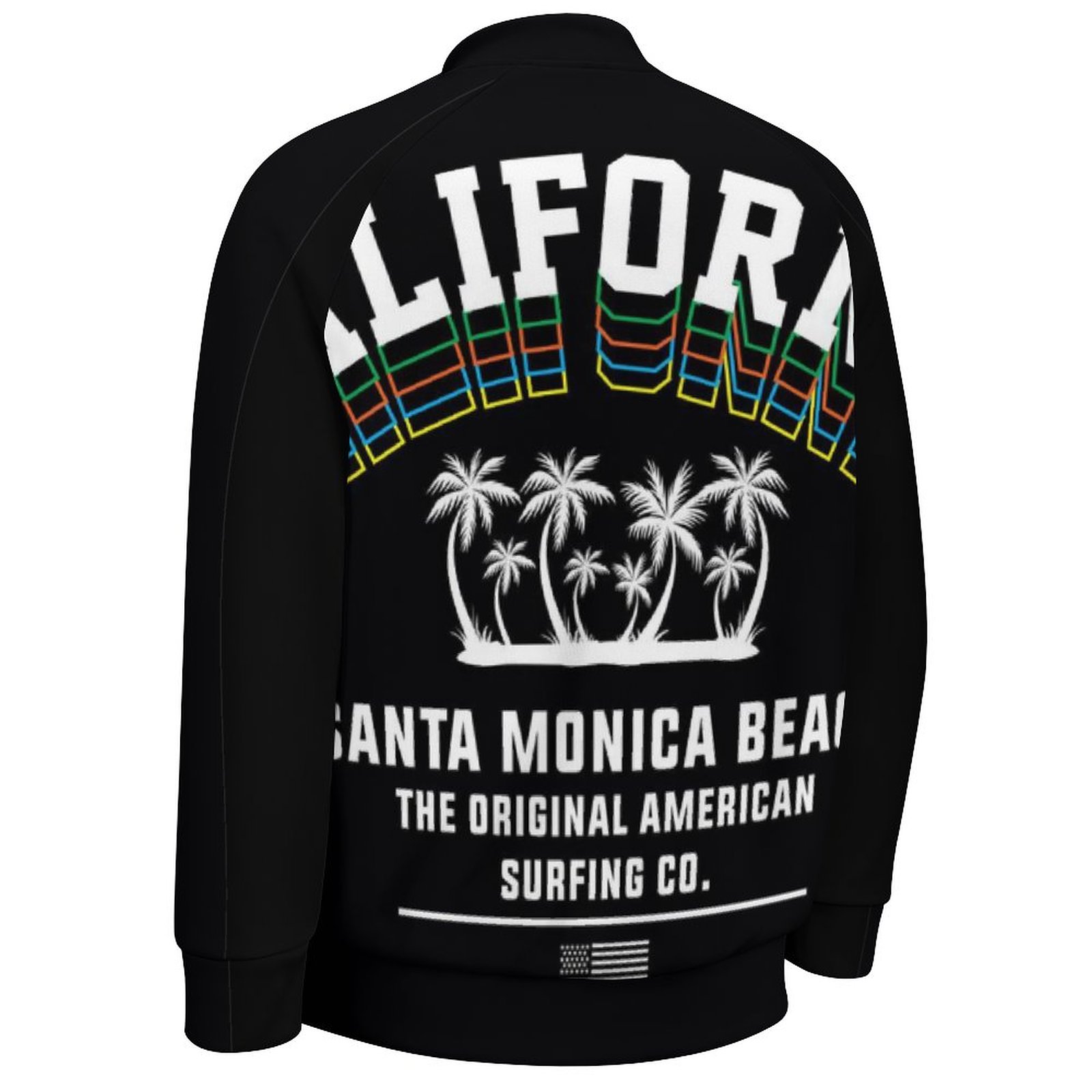 Black men's Fylly printing baseball uniform featuring "CALIFORNIA BEACH" graphic, Japanese sweater cloth, comfortable fit.