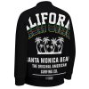 Black men's Fylly printing baseball uniform featuring "CALIFORNIA BEACH" graphic, Japanese sweater cloth, comfortable fit.