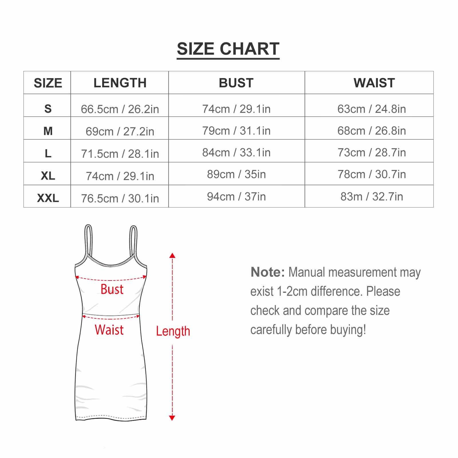 Size chart for slim sexy hip wrap dress, including length, bust, and waist measurements in cm/in. Note the 1-2cm difference