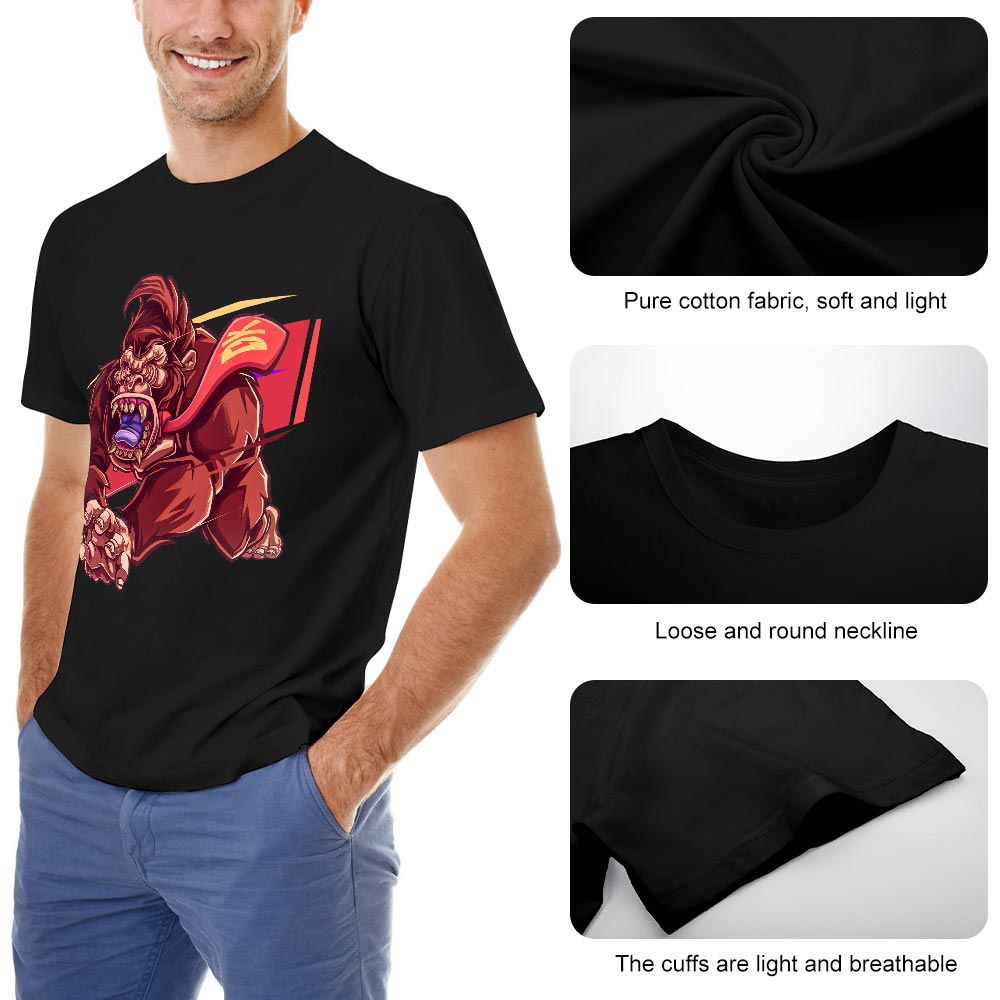 Black cotton men's t-shirt with red monster graphic, Inkedjoy, soft material, crew neck design, and fine stitching.