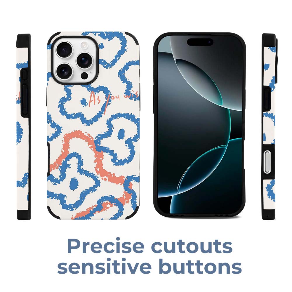 iPhone 16 fiber skin case with blue and orange abstract pattern, featuring precise cutouts and sensitive buttons