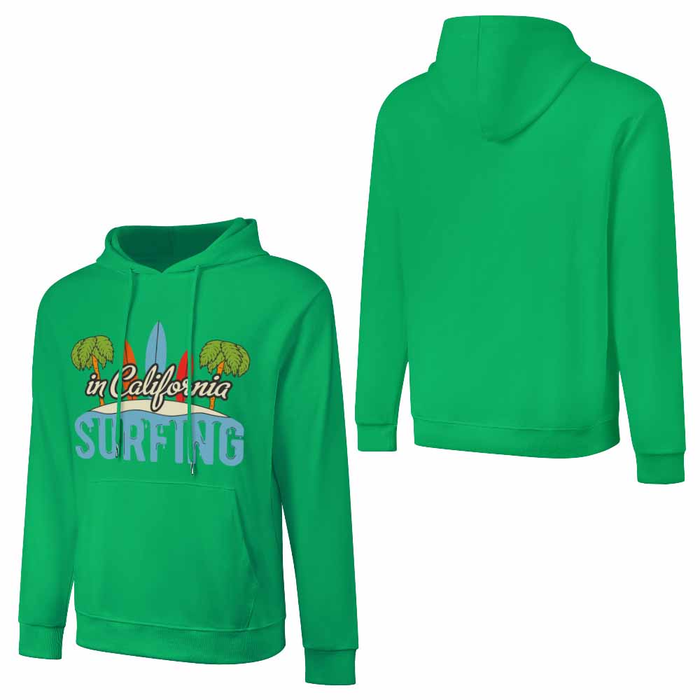 Green cotton California Surfing hoodie, loose fit, for daily wear.