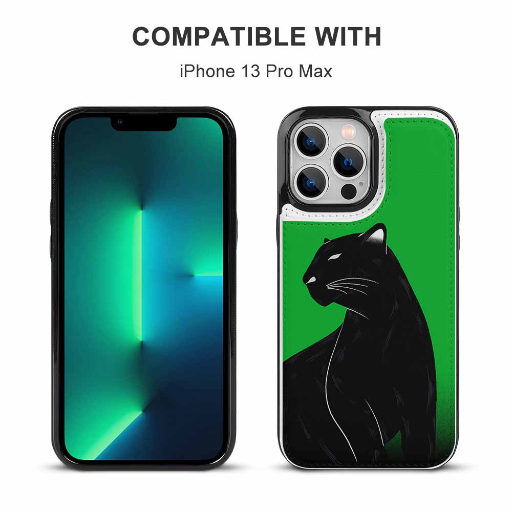 iPhone 13 Pro Max phone case with panther design and card slot, shockproof, compatible with iPhone 13 Pro Max, green.