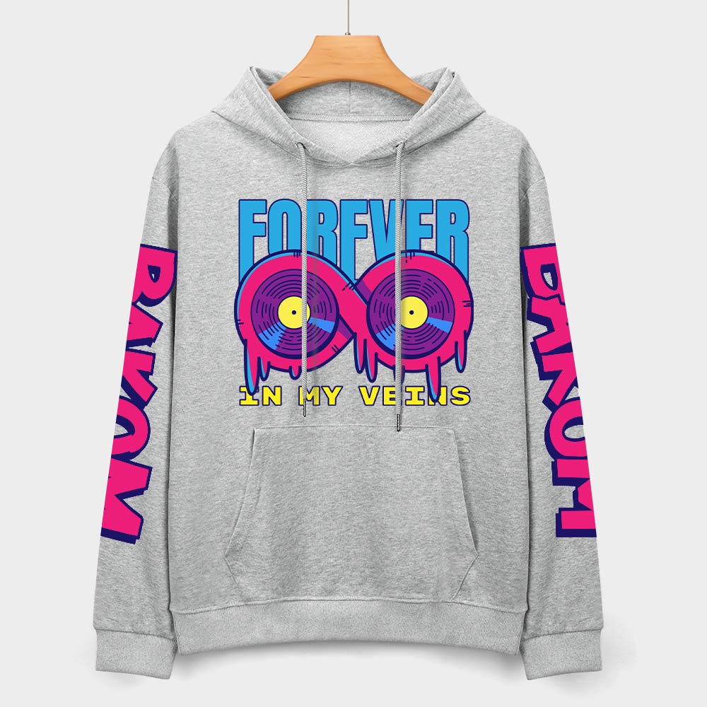 Light gray cotton hoodie with 'FOREVER 99' donut graphic and sleeve prints, youth fashion style.