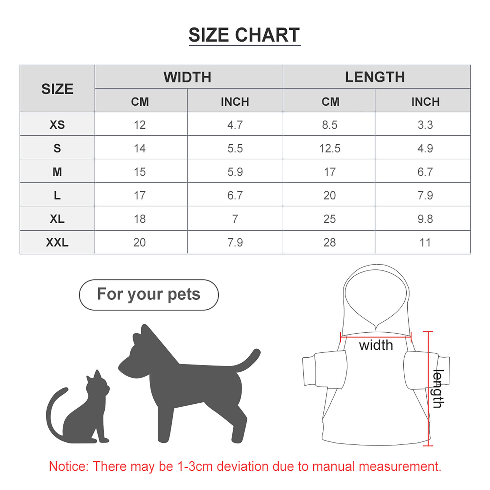 Pet suit size chart with measurement details for bust and length, perfect for stylish pet clothing.