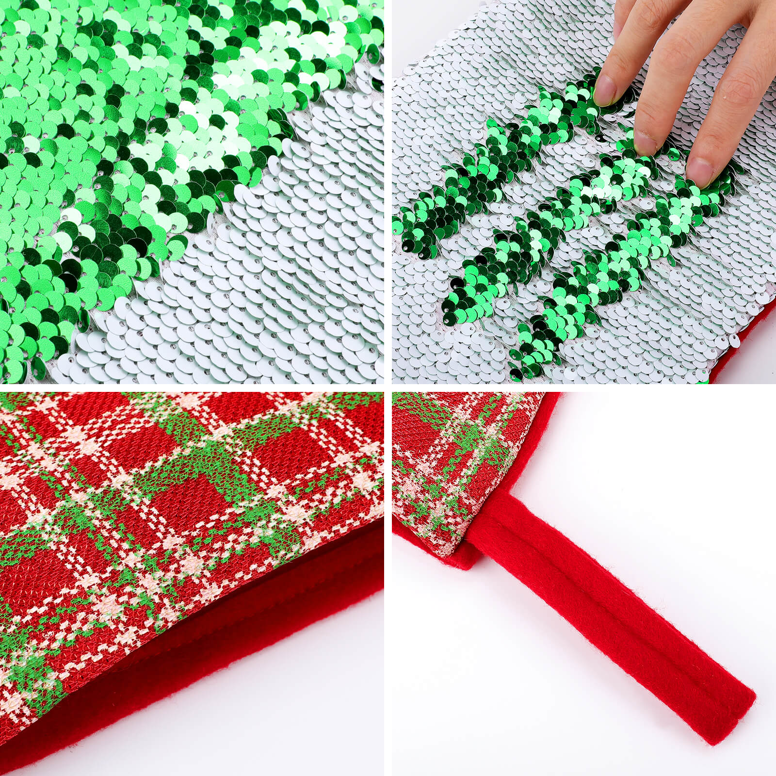 Christmas stocking detail: sequin texture with plaid trim, perfect holiday decor