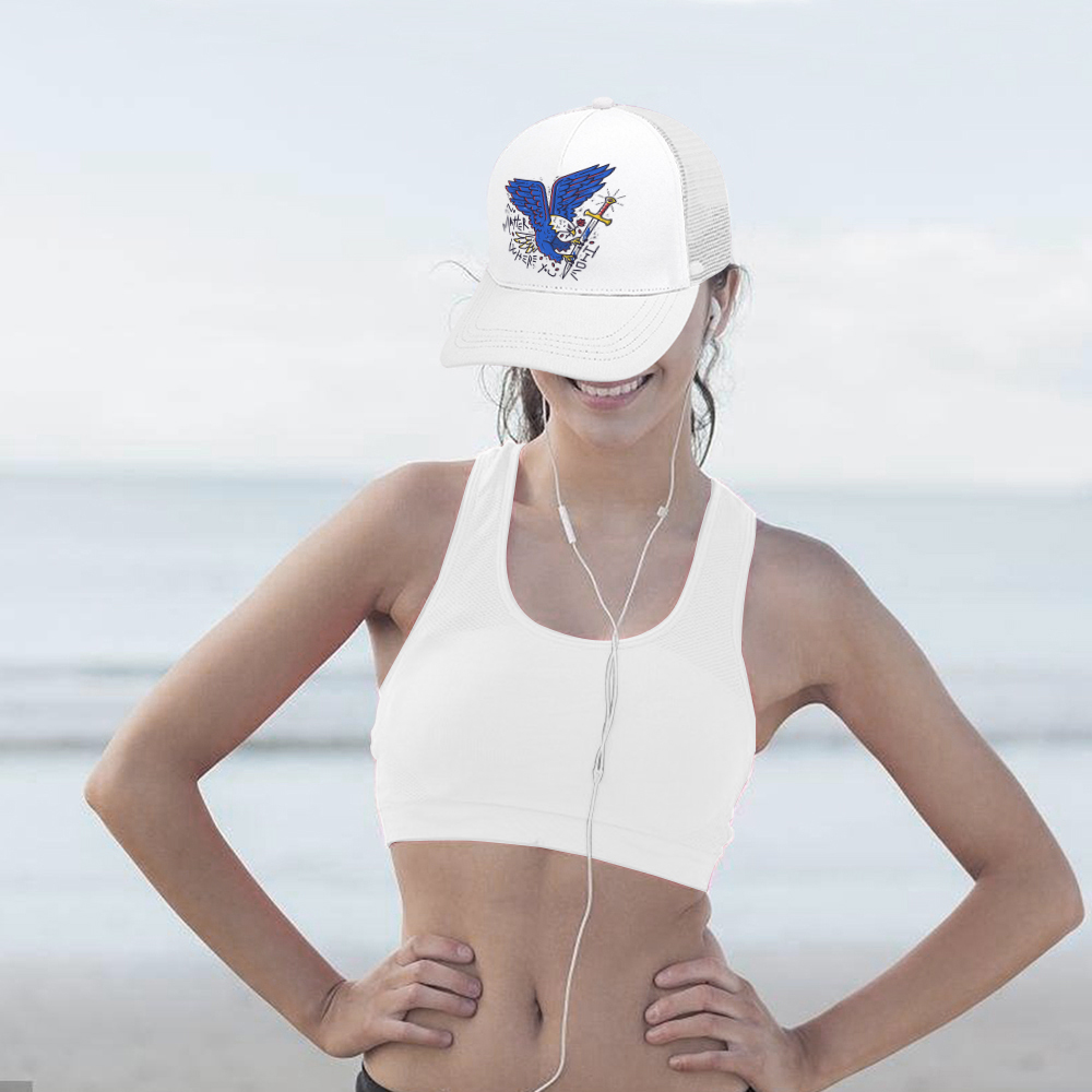 Woman wearing a white baseball cap with a blue bird and sword graphic, mesh back, perfect for outdoor activities, Inkedjoy