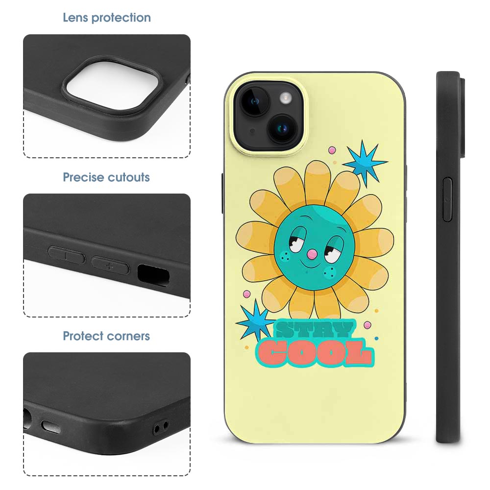 iPhone 15 Series case with cartoon sunflower design, TPU material, shockproof protection, featuring 'BE COOL' text.