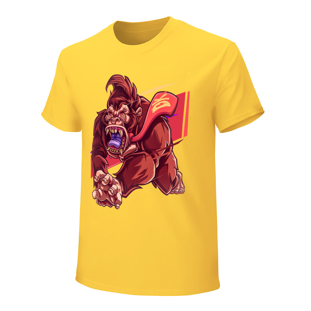 Yellow men's cotton t-shirt with red monster graphic print