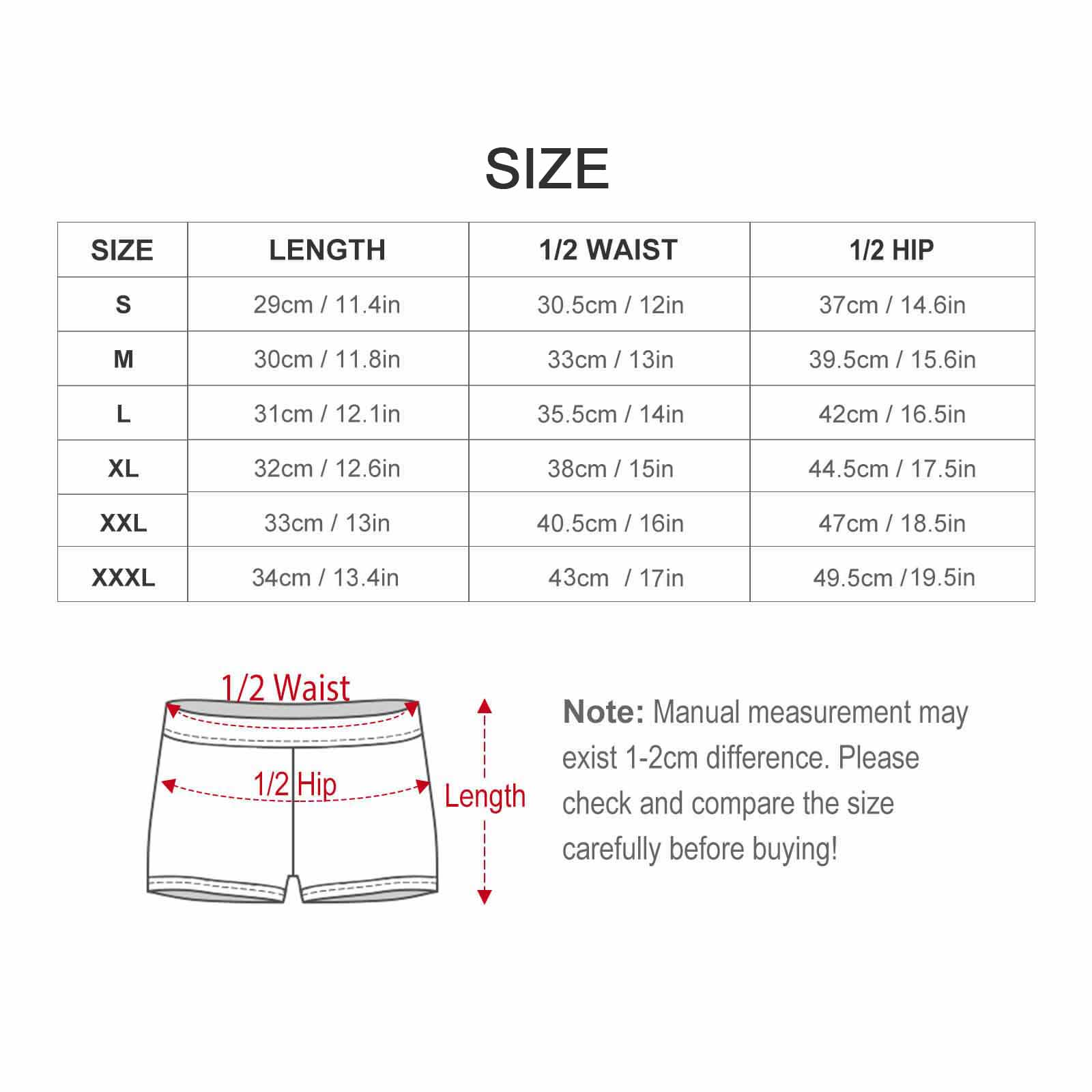 Men's swimming trunks size chart with length, waist, and foot mouth measurements for perfect fit