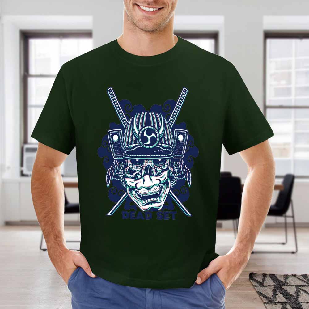 Dark green cotton men's T-shirt with blue samurai skull design, perfect for leisure and events.