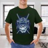 Dark green cotton men's T-shirt with blue samurai skull design, perfect for leisure and events.