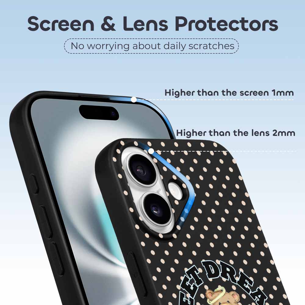 iPhone 16 series case with polka dots and screen and lens protectors, TPU material, stylish phone cover