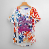 Colorful print Ice Silk V-neck shirt with 'The Place Is Here' text, casual women's tee.