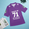 Purple V-neck jersey with MADE IN 71 print, sports uniform, comfortable polyester fabric.