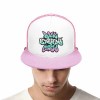 Pink mesh baseball cap with graphic, breathable for sports and outdoor wear.