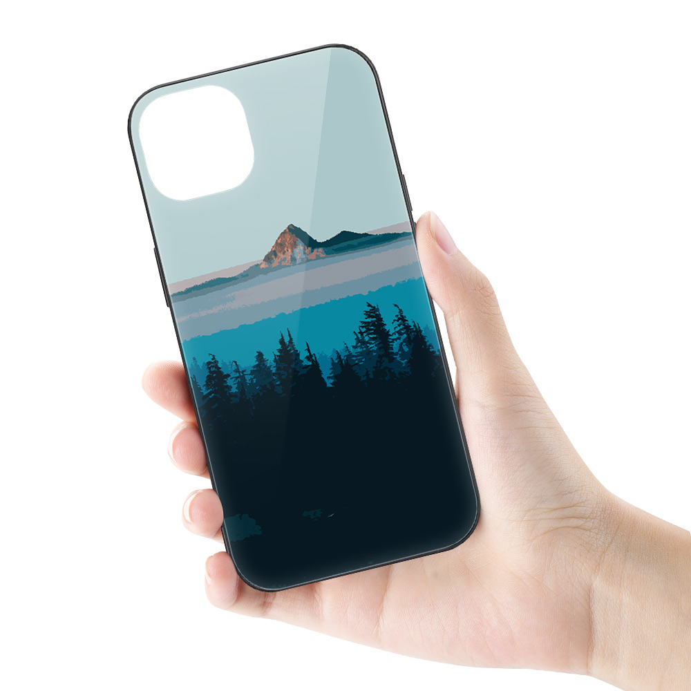iPhone 14 glass case with mountain and water landscape design, combining protection and style.