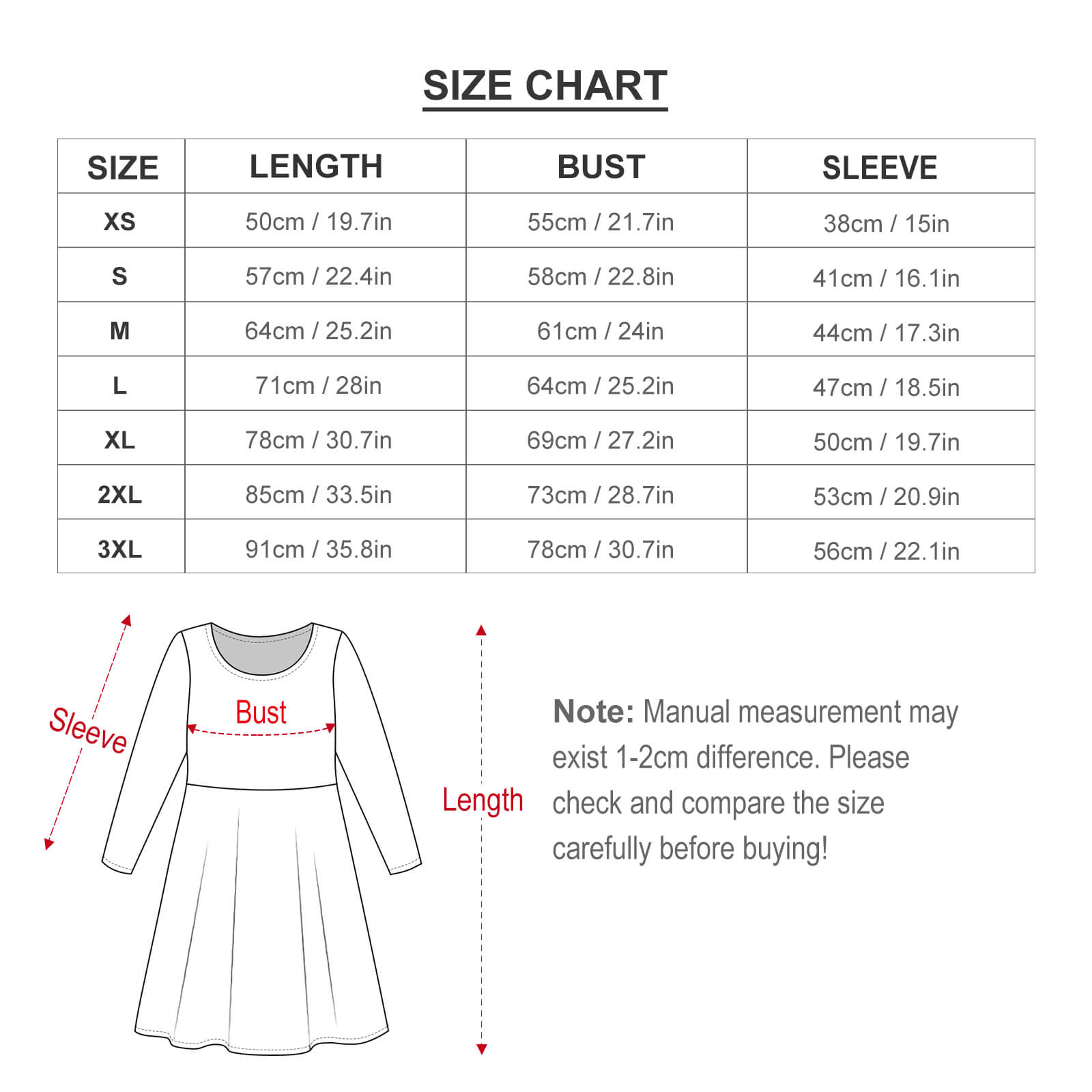 Girls' long sleeve dress size chart with detailed measurements.