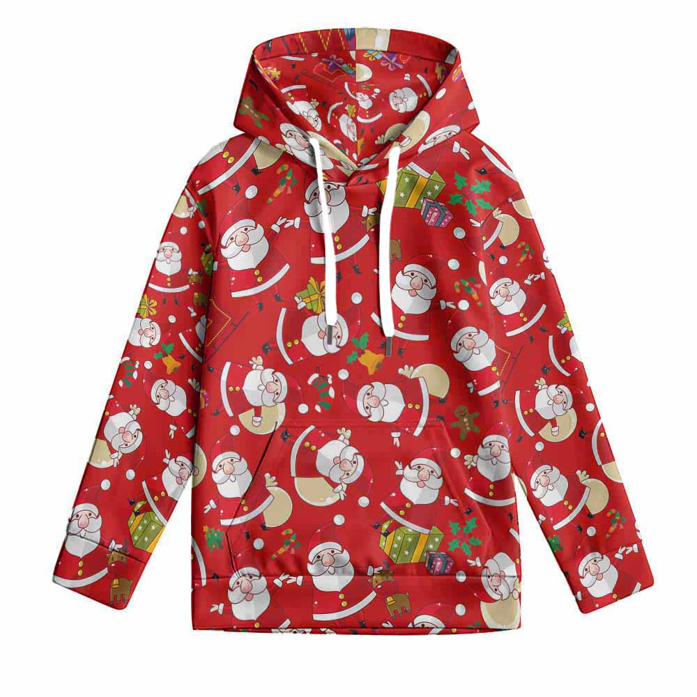 Red kids' Christmas hoodie with Santa pattern and kangaroo pocket, perfect for holiday wear.