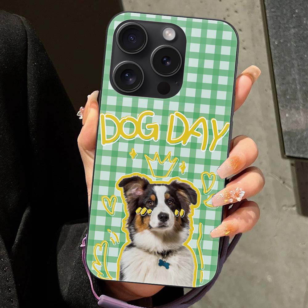iPhone 15 Dog Case with "DOG DAY" text, Green Gingham Pattern, Glass+TPU Protection.
