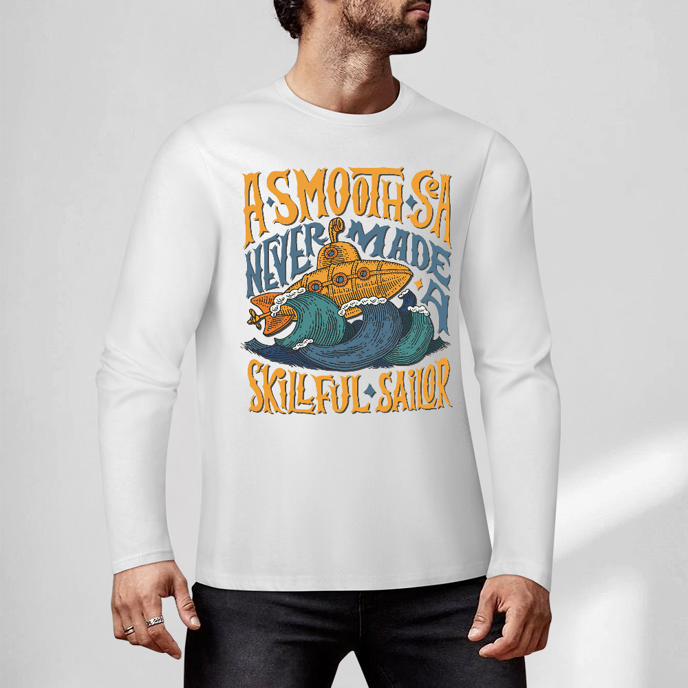 White pure cotton long sleeve T-shirt featuring 'A SMOOTH SHAKER' graphic, casual wear.