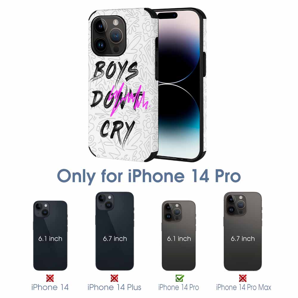 iPhone 14 Pro fiber skin case featuring 'Boys Don't Cry' graphic, scratch-resistant and stylish.