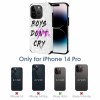 iPhone 14 Pro fiber skin case featuring 'Boys Don't Cry' graphic, scratch-resistant and stylish.