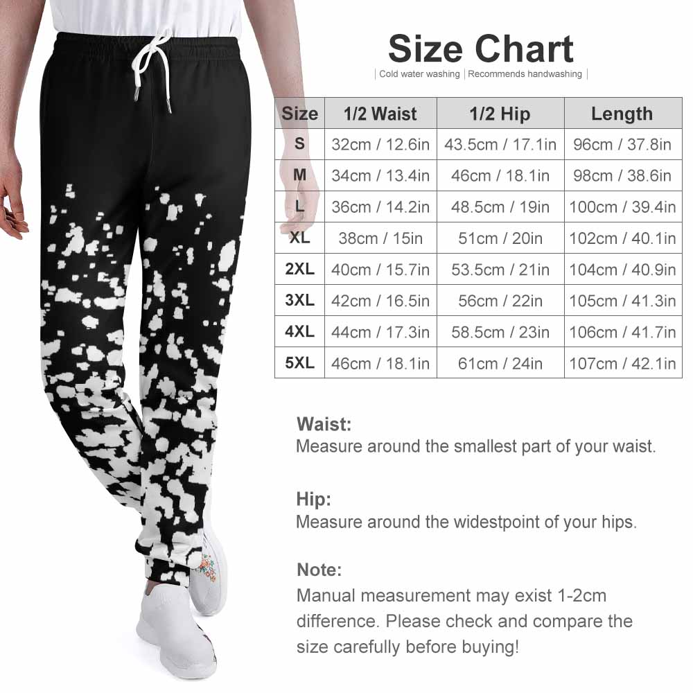 Black and white patterned polyester sweatpants size chart, with detailed waist, hips, and length measurements.