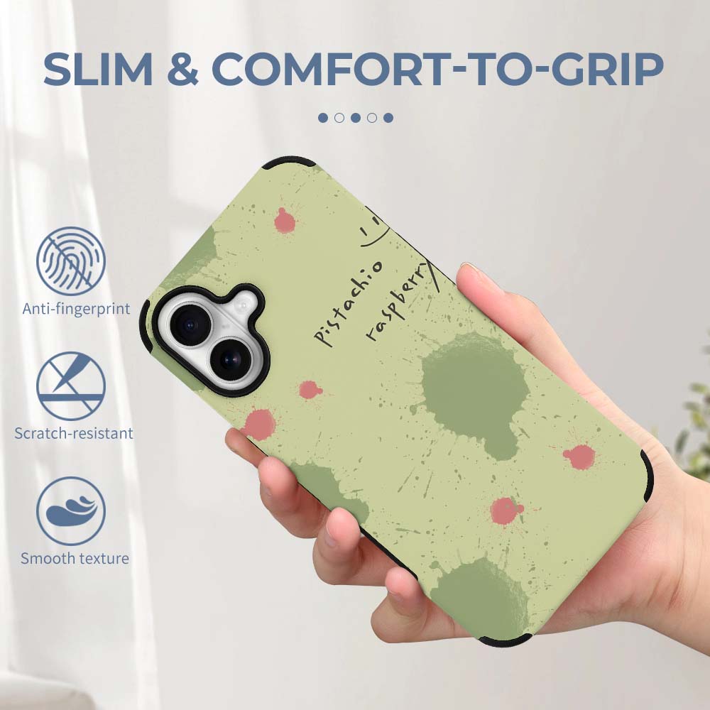 iPhone 16 Fiber Skin Case with green abstract pattern and text 'Everything's amazing', protective cover.