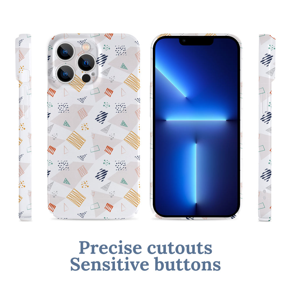 iPhone 13 case, PC plastic, featuring a colorful pattern with precise cutouts and sensitive buttons for phone protection.