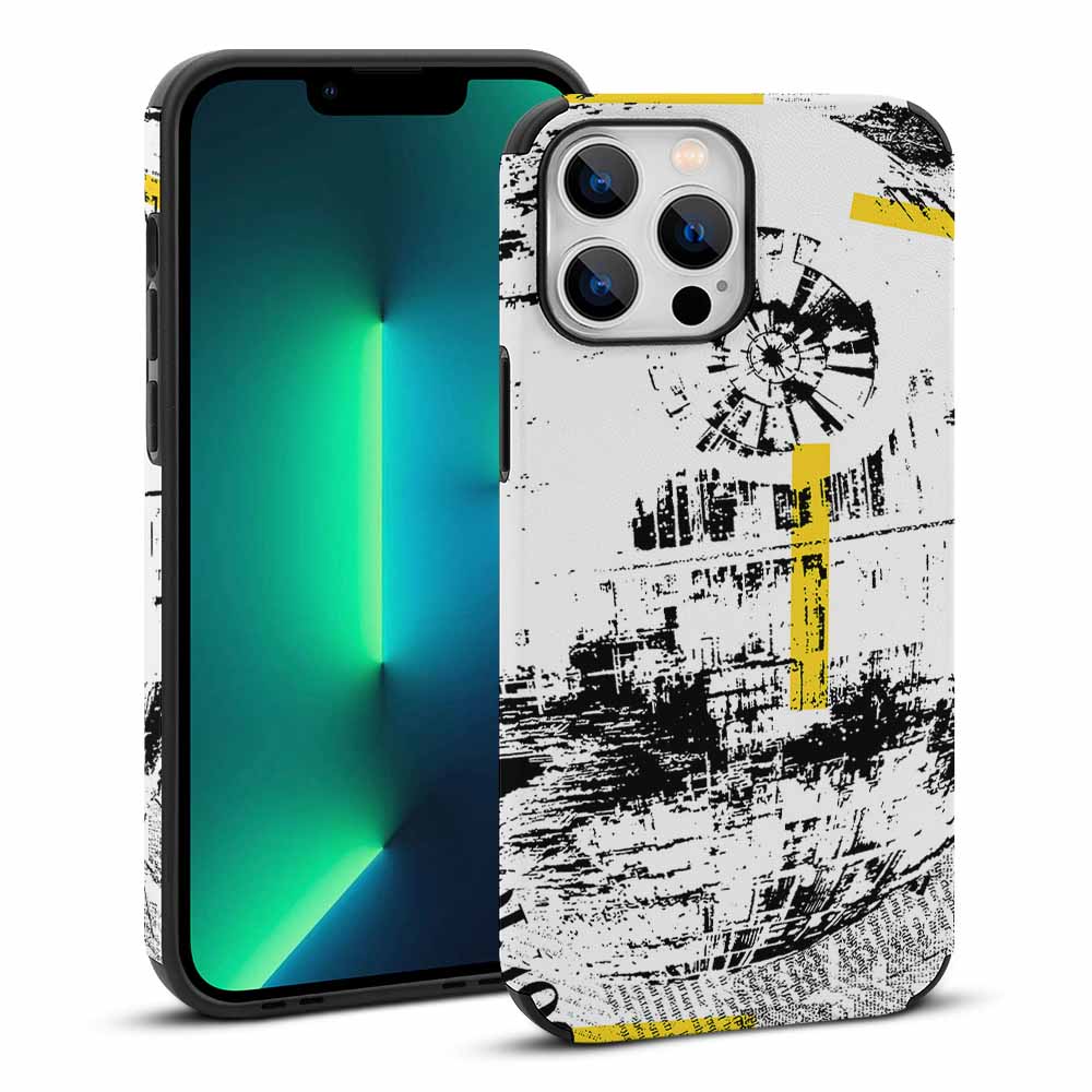 iPhone 13 fiber skin case with abstract art design, scratch-resistant protection.