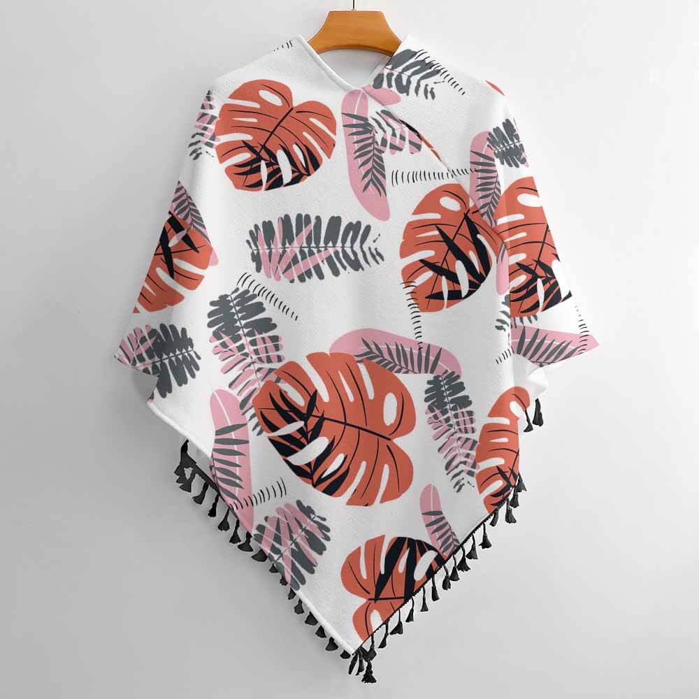 Knitted Cape with Fringed Edge, Leaf Pattern, Polyester Fabric, Casual Wear.
