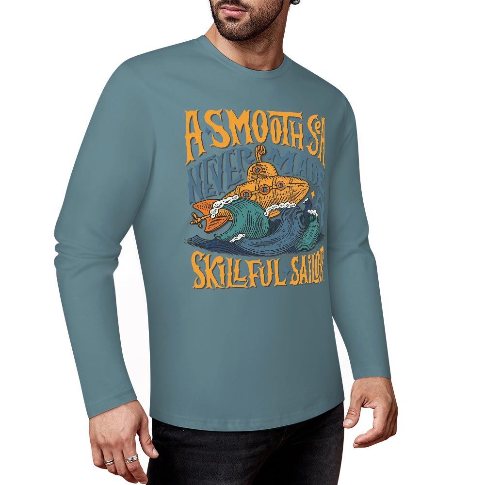 Turquoise pure cotton long-sleeved T-shirt with ASMODUS Shark Attack graphic for casual wear.