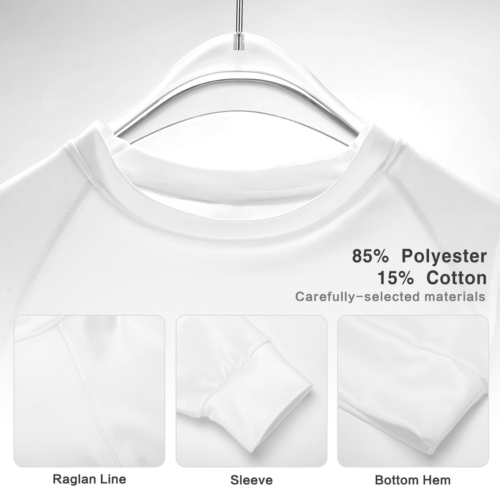 White raglan round neck sweater detail, polyester-cotton blend fabric, comfortable and breathable.